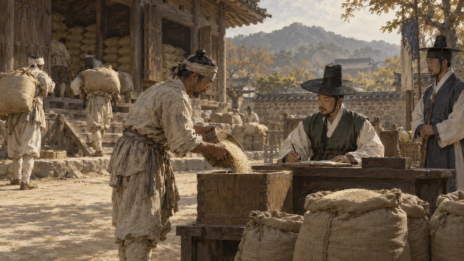 조선시대 창고 마당에서 농민이 관리에게 곡식을 납부하고 옆에 곡물 자루와 나무 되가 놓인 모습