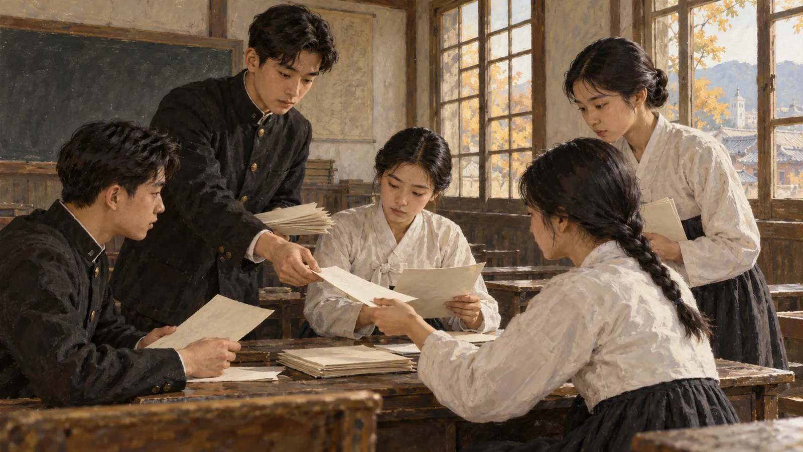 1929년 무렵 한국의 교실에서 옛 교복을 입은 학생들이 종이 유인물을 함께 살펴보는 모습