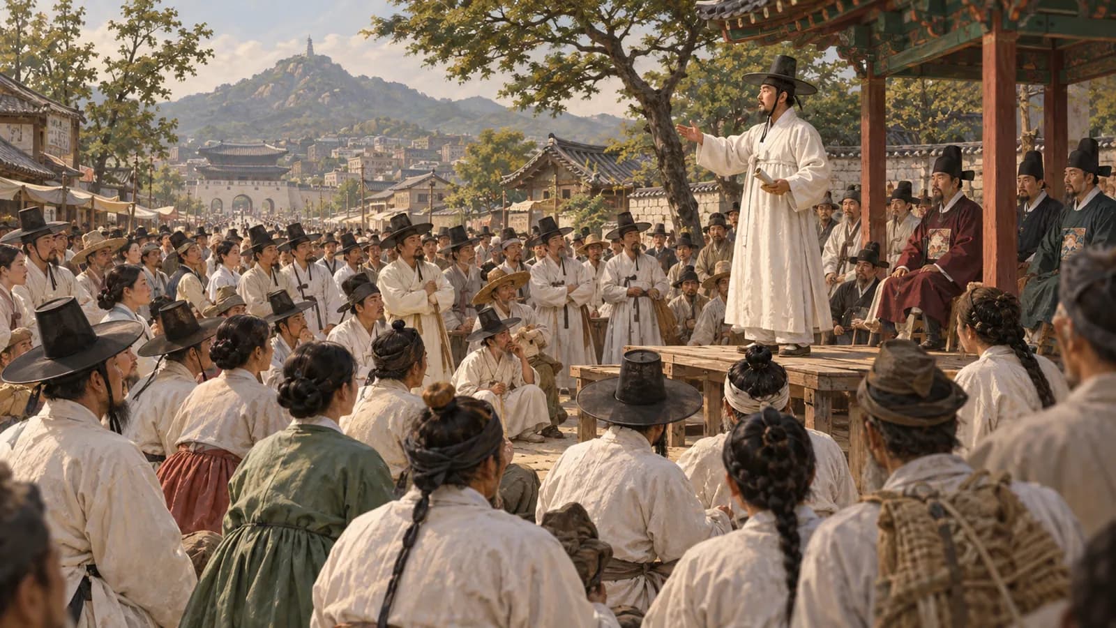 1890년대 서울의 넓은 거리에서 다양한 옷차림의 사람들이 모여 연설을 듣는 모습