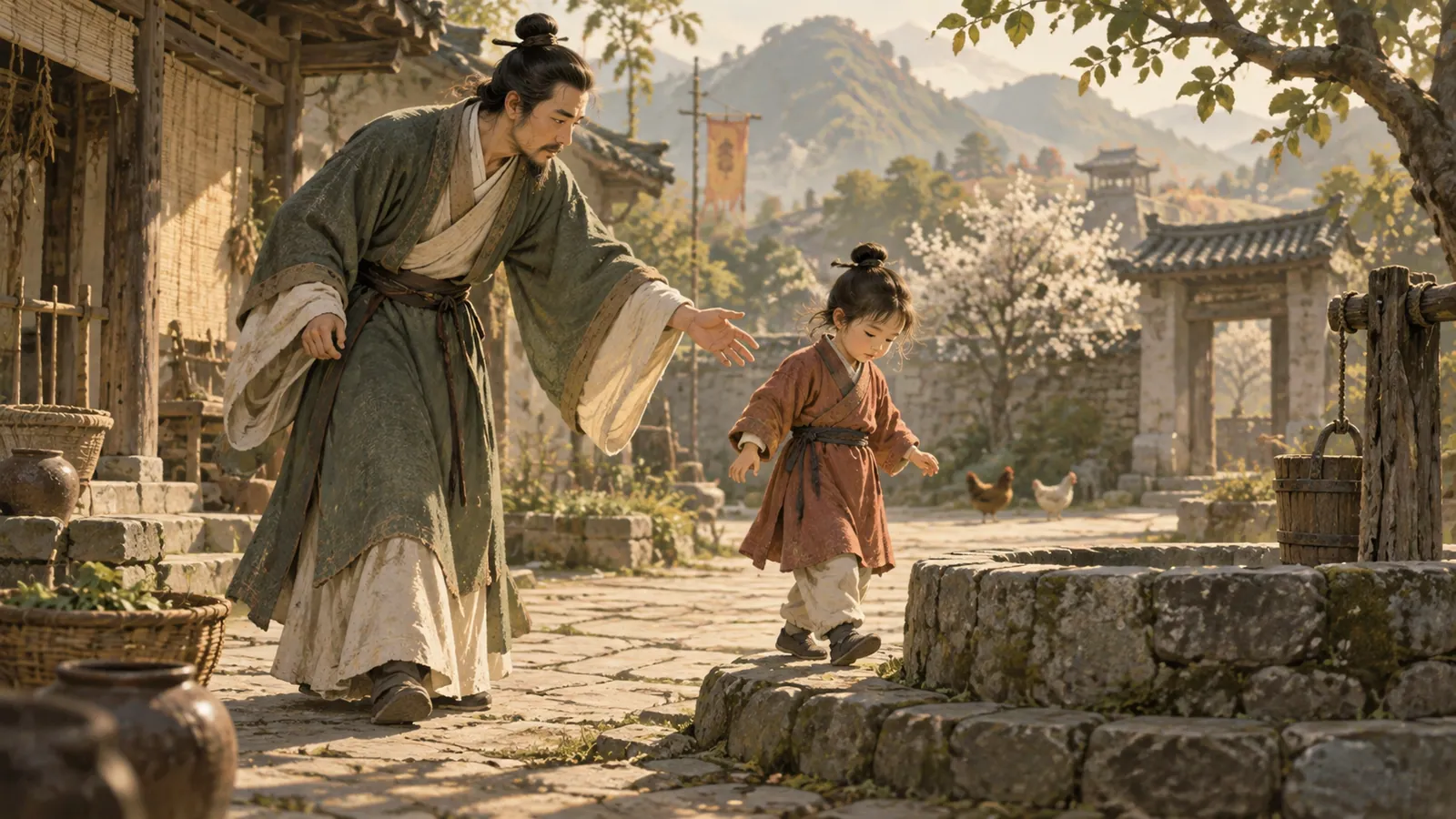 고대 중국 마을의 우물 곁에서 아이를 향해 손을 내미는 성인의 모습을 상징적으로 표현한 장면