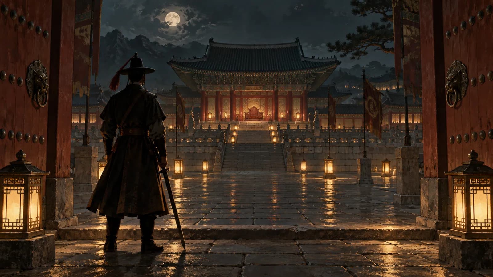 조선 궁궐의 긴 회랑 끝에 놓인 비어 있는 왕좌와 그 앞의 어두운 인물 실루엣