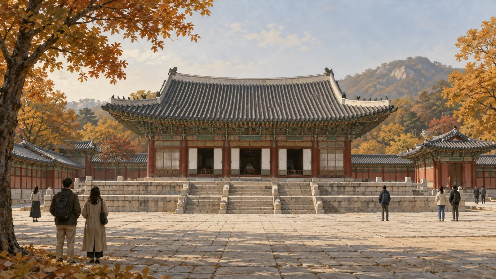 가을 나무 사이의 조선 궁궐 전각과 돌마당을 현대의 관람객들이 바라보는 모습