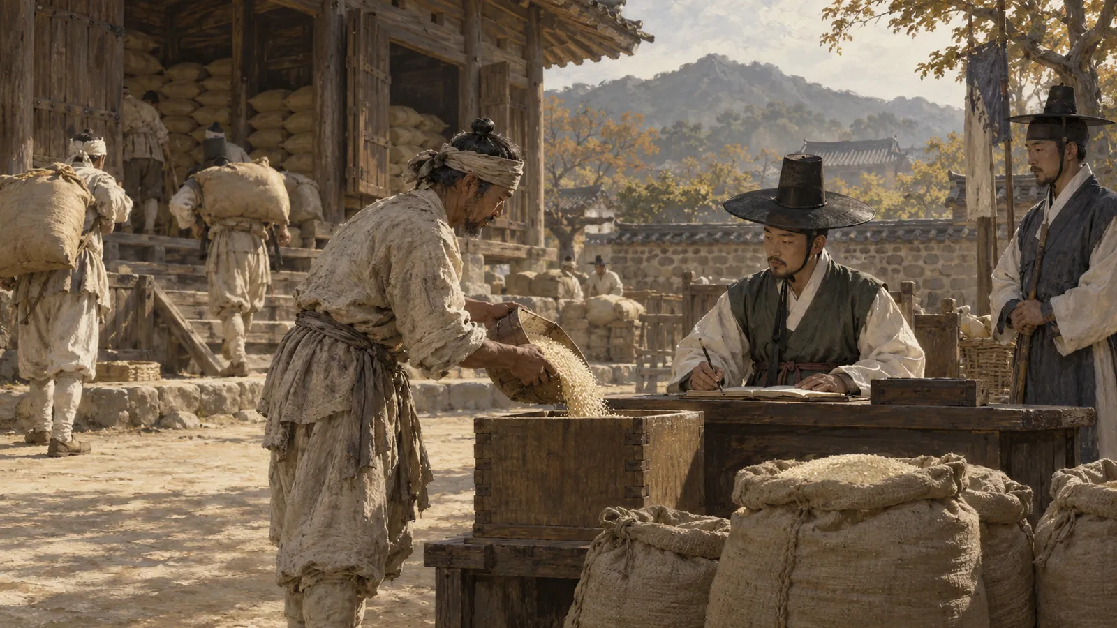 조선시대 창고 마당에서 농민이 관리에게 곡식을 납부하고 옆에 곡물 자루와 나무 되가 놓인 모습