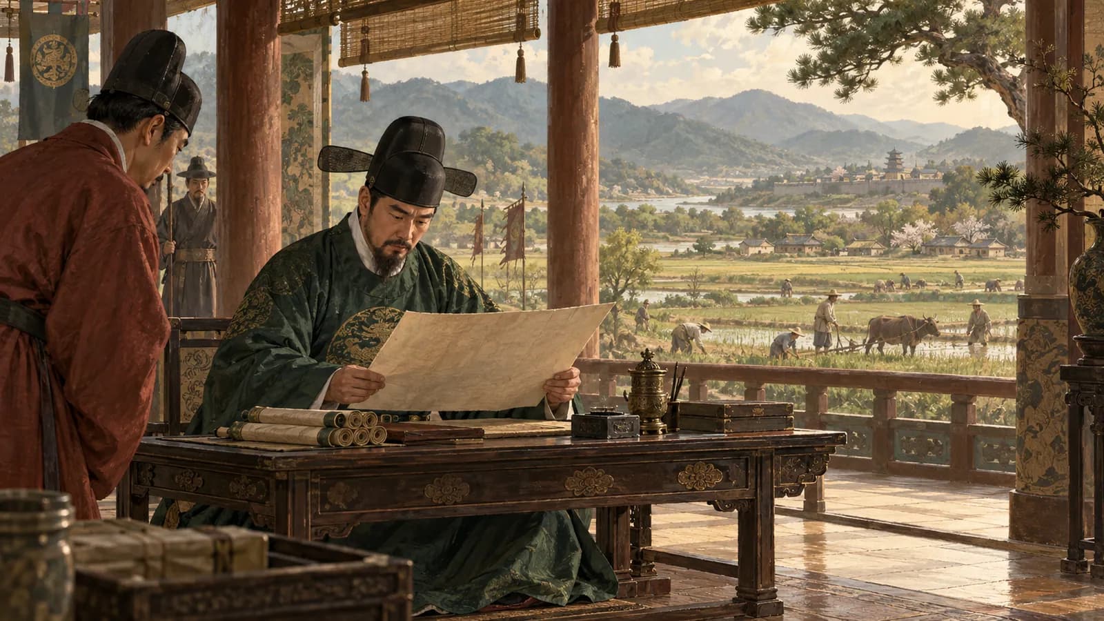 고려 후기 왕과 관리들이 해 질 녘 서재에서 토지 문서를 검토하는 상징적 모습