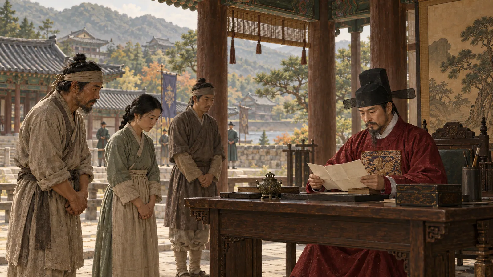 고려 초기 관리가 나무 탁자에서 신분 문서를 살피고 사람들이 기다리는 상징적 장면