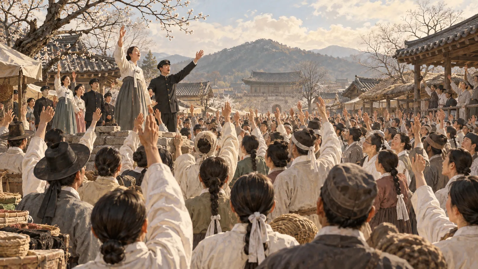 1919년 이른 봄 한국의 장터에서 평화적으로 모여 만세를 외치는 사람들