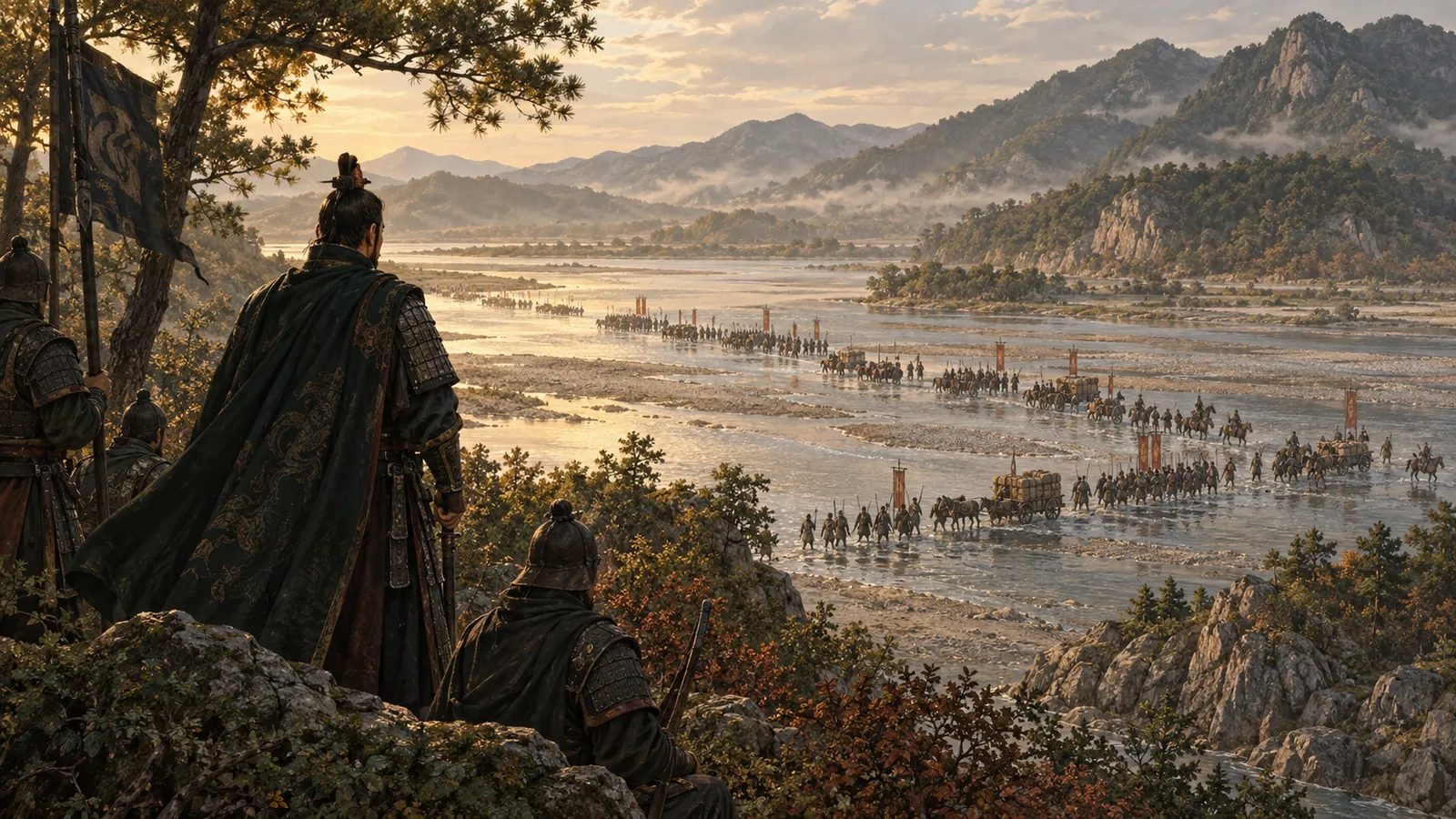 고구려 산악 지형의 넓은 강을 건너는 멀리 보이는 군대와 언덕 위 지휘관의 상징적 풍경